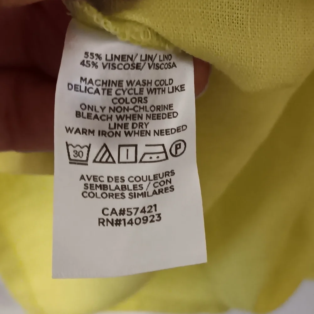 Loft Chartreuse Linen Blend Tie Neck Puff Short Sleeves Peasant Top Blouse‎ M